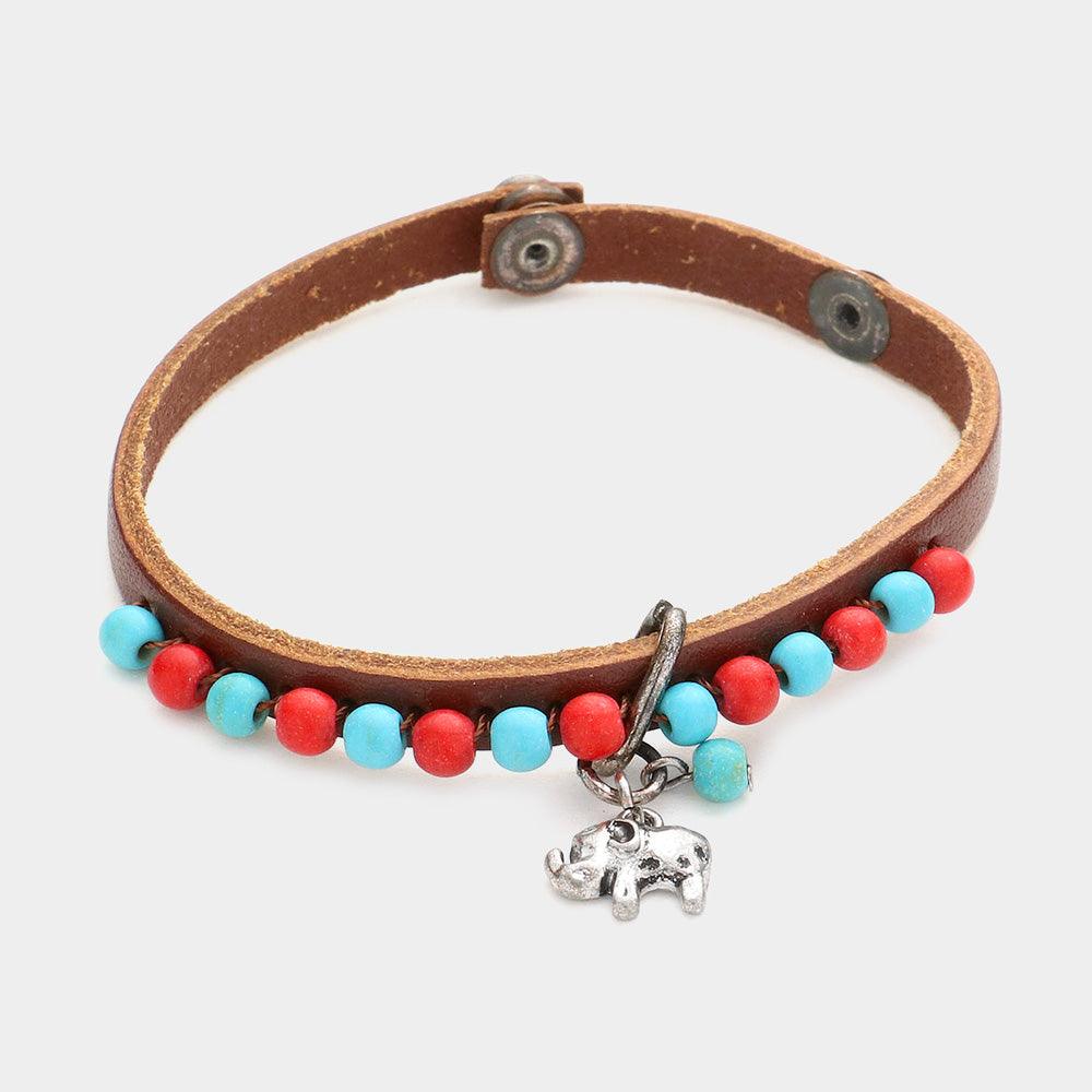 Turquoise Elephant Charm Faux Leather Bracelet