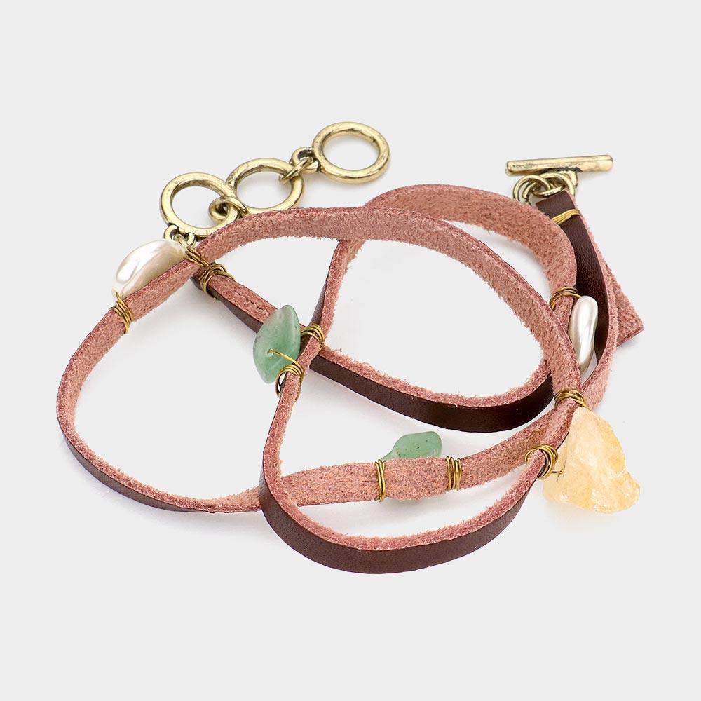 Raw Quartz & Pearl Accented Faux Leather Wrap Toggle Bracelet - Jewelry Store by Erik Rayo