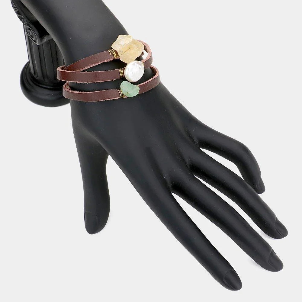 Raw Quartz & Pearl Accented Faux Leather Wrap Toggle Bracelet - Jewelry Store by Erik Rayo