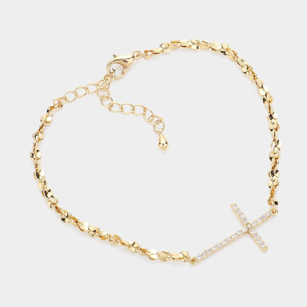 Clear Stone Paved Cross Pointed Metal Bracelet - Jewelry Store by Erik Rayo