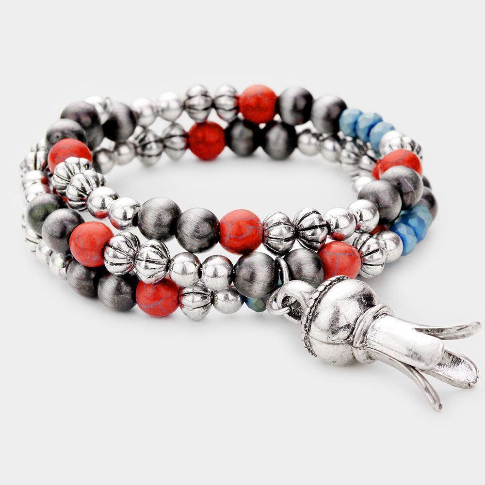 Red Antique Metal Squash Blossom Charm Adjustable Bracelet - Jewelry Store by Erik Rayo