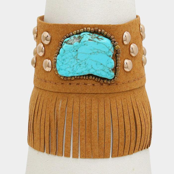Turquoise Turquoise Stone Accented Suede Fringe Bracelet - Jewelry Store by Erik Rayo