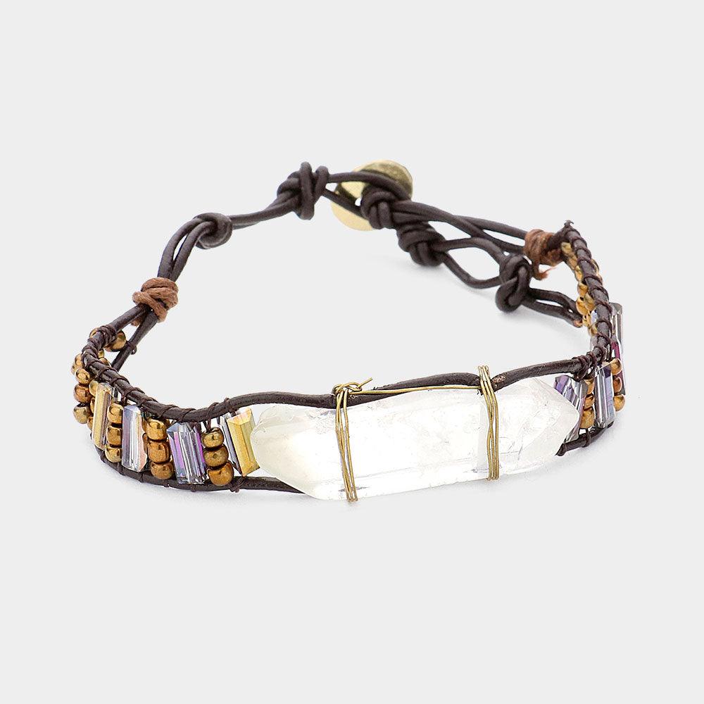 Gold Natural Stone Beaded Faux Leather Bracelet