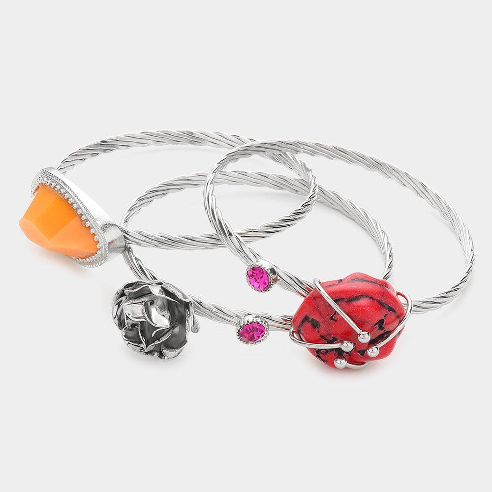 Natural Stone Metal Flower Bangle Bracelet - Jewelry Store by Erik Rayo