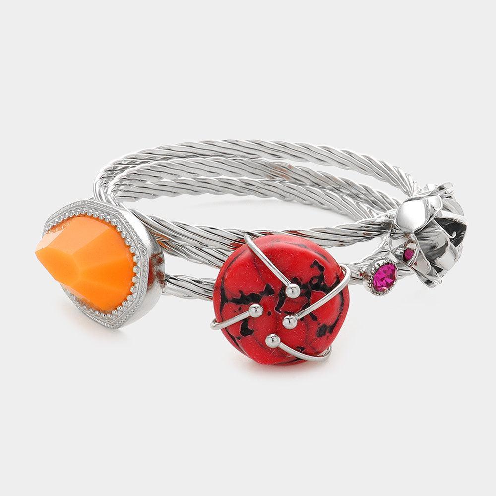 Natural Stone Metal Flower Bangle Bracelet - Jewelry Store by Erik Rayo
