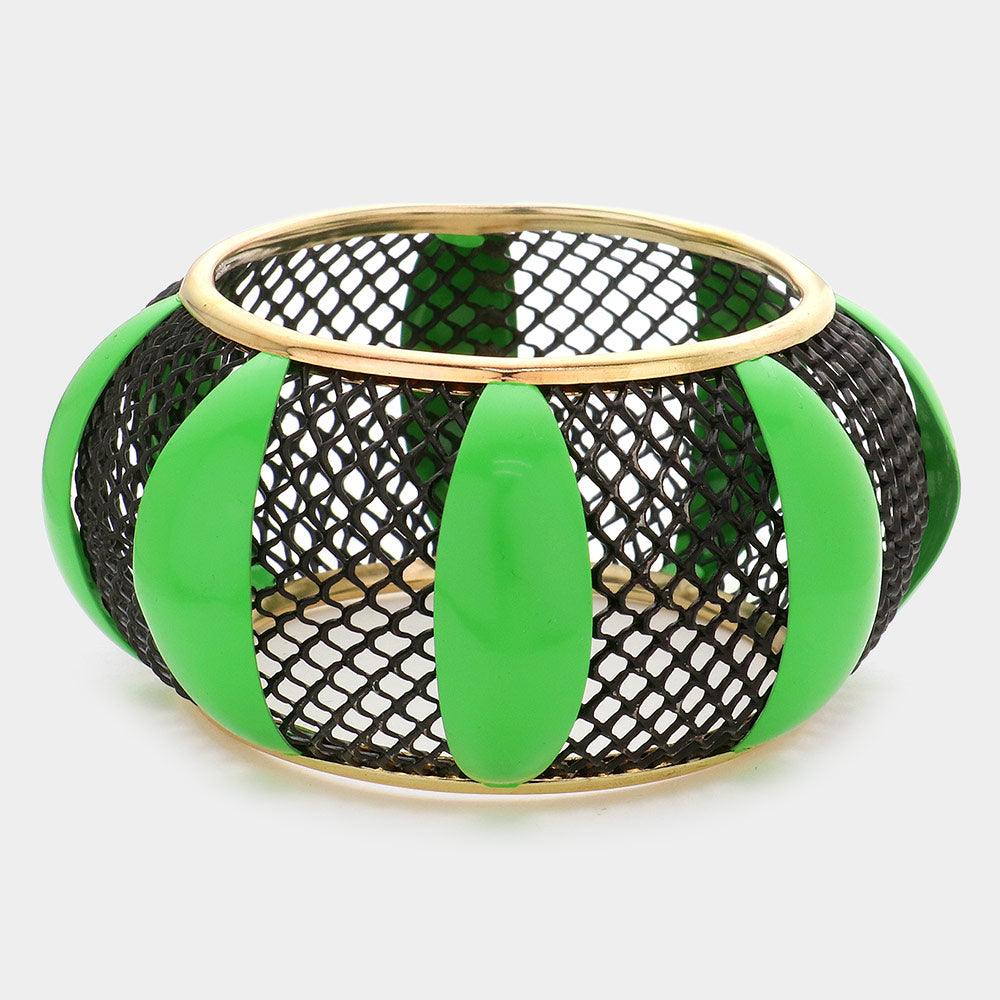 Green Color Block Enamel Metal Mesh Bangle Bracelet