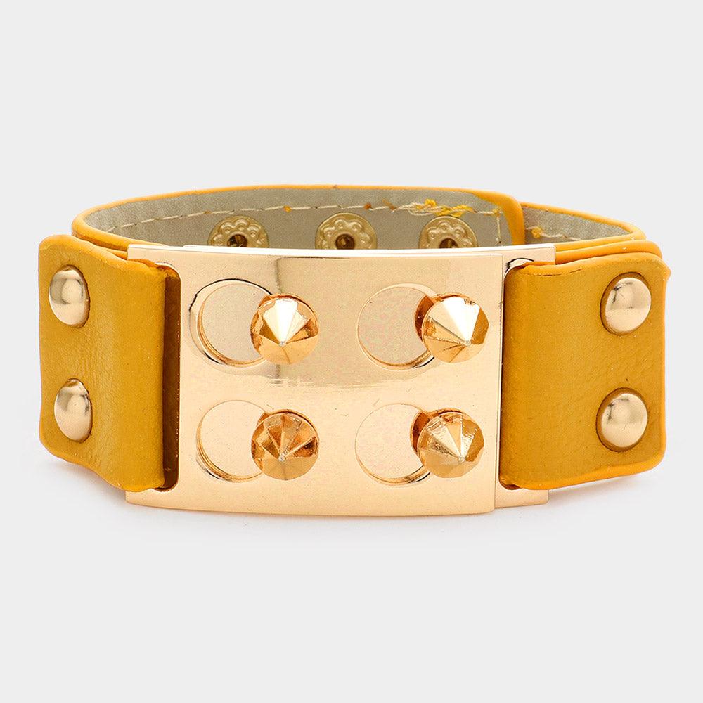 Yellow Spike Cone Studded Faux Leather Bracelet - Jewelry Store by Erik Rayo