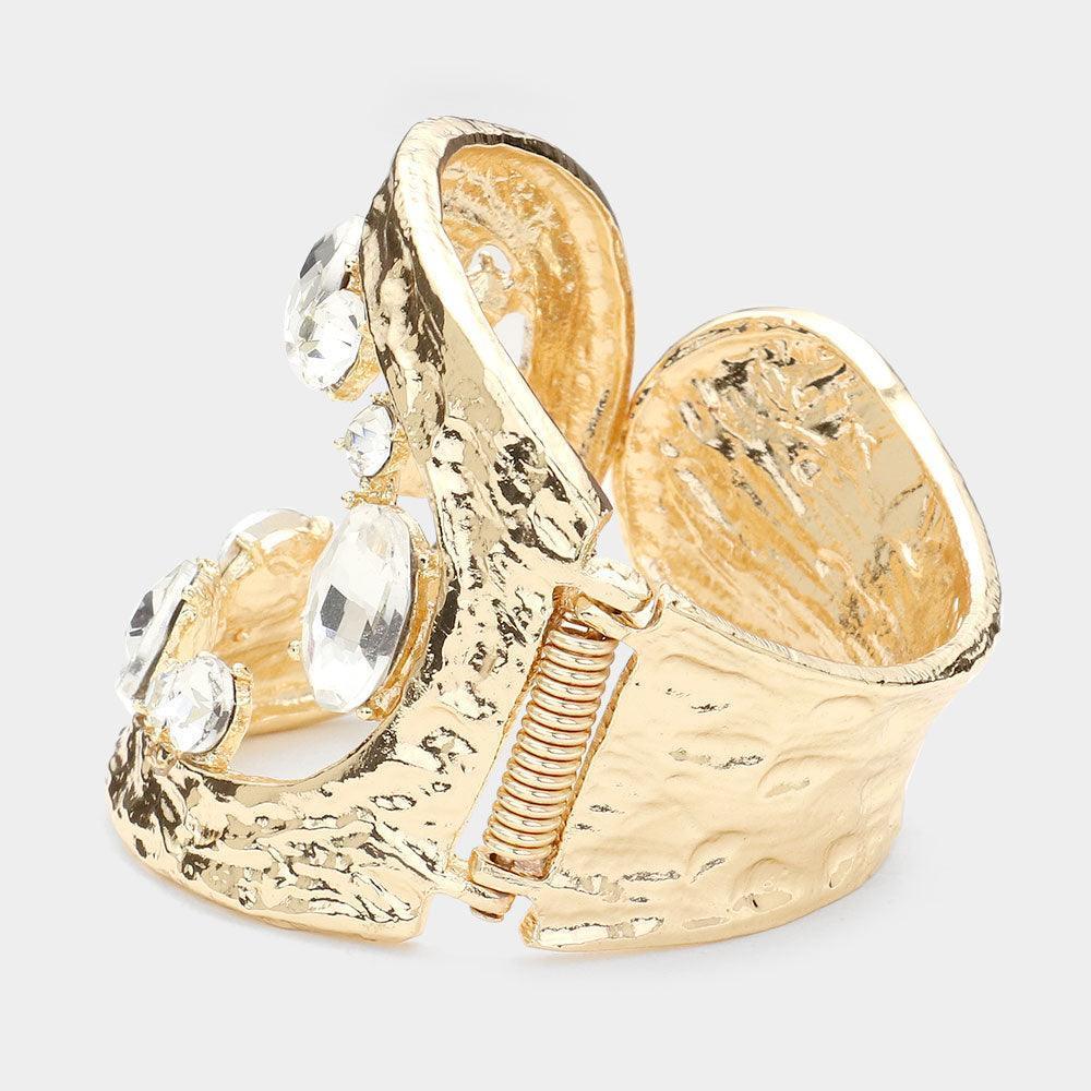 Gold Multi Stone Embellished Irregular Square Hinged Bracelet - Jewelry Store by Erik Rayo