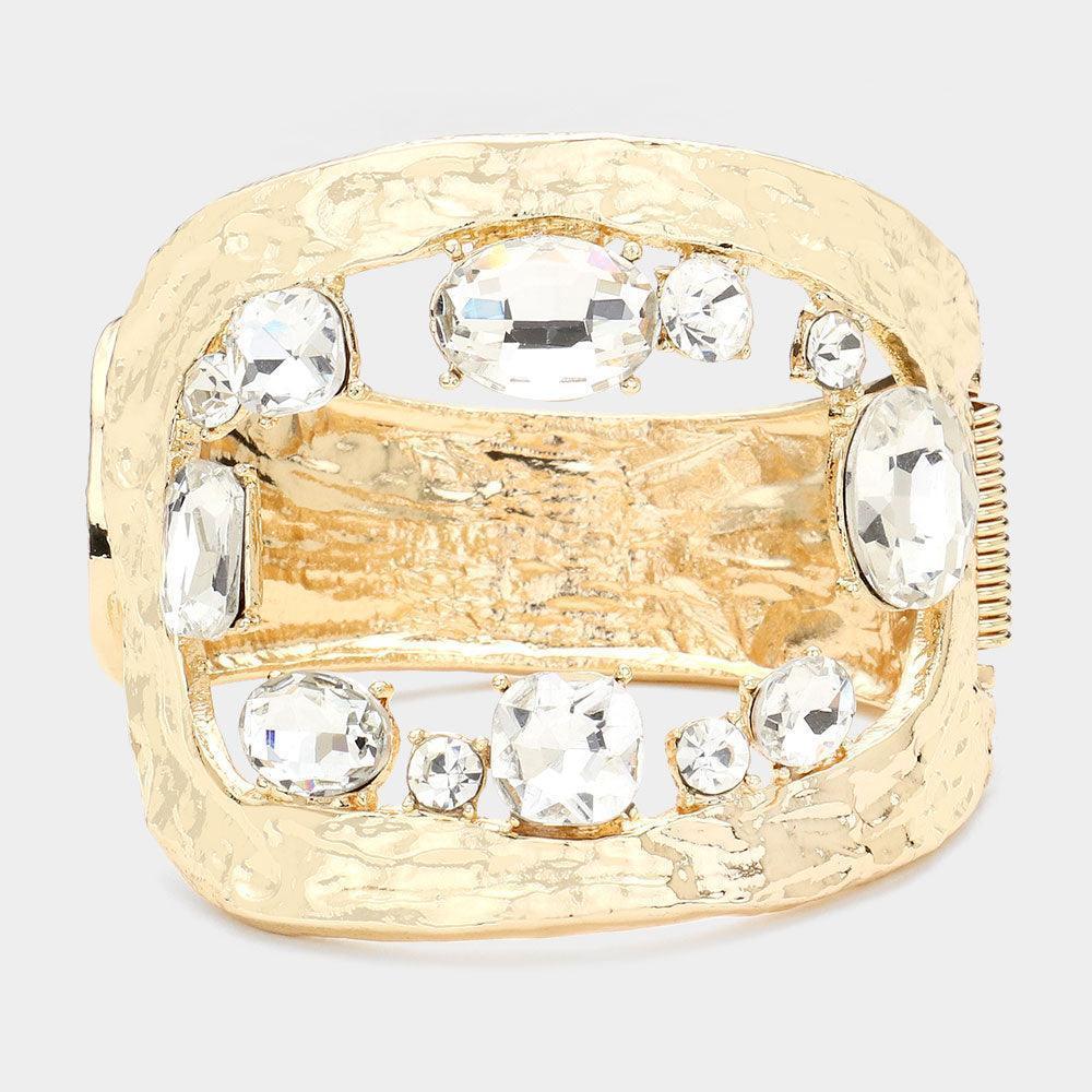 Gold Multi Stone Embellished Irregular Square Hinged Bracelet - Jewelry Store by Erik Rayo
