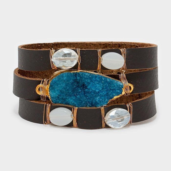 Gold Druzy & natural stone faux leather bracelet - Jewelry Store by Erik Rayo