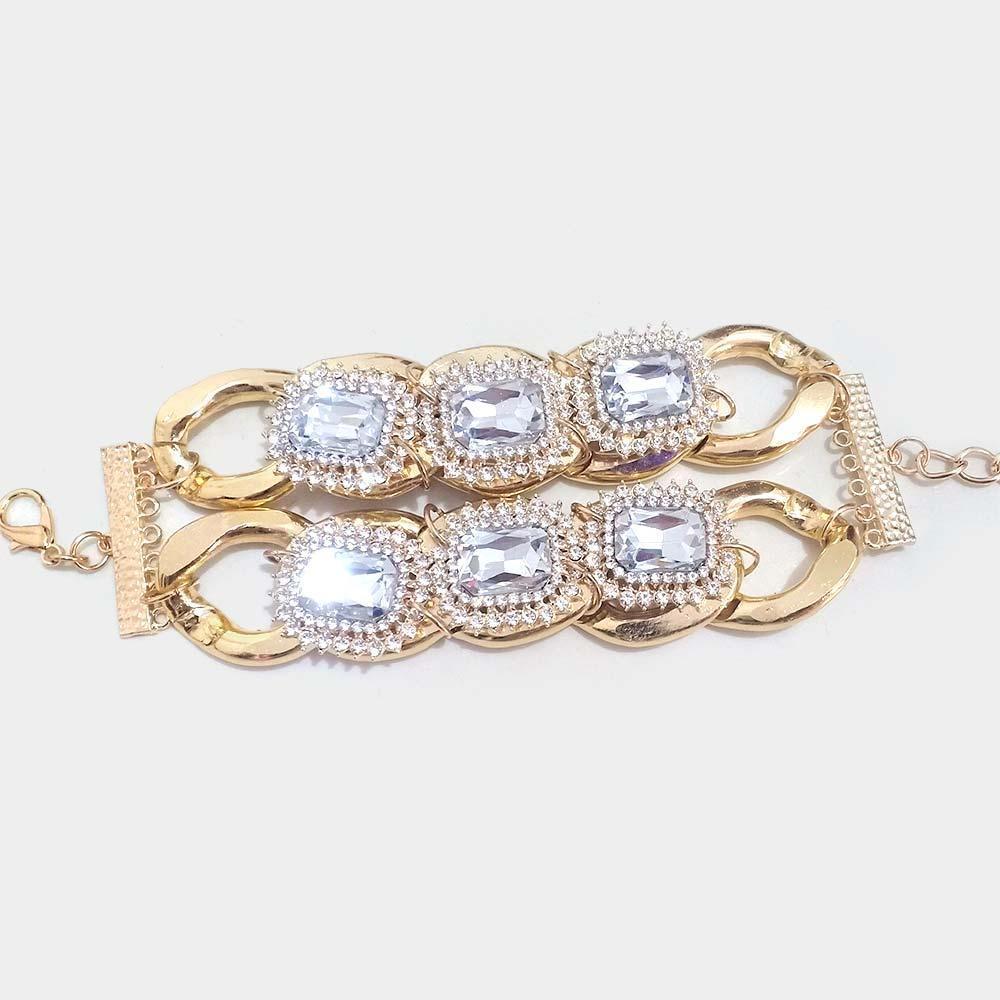 Gold Stone Embellished Chain Link Double Layered Bracelet - Jewelry Store by Erik Rayo