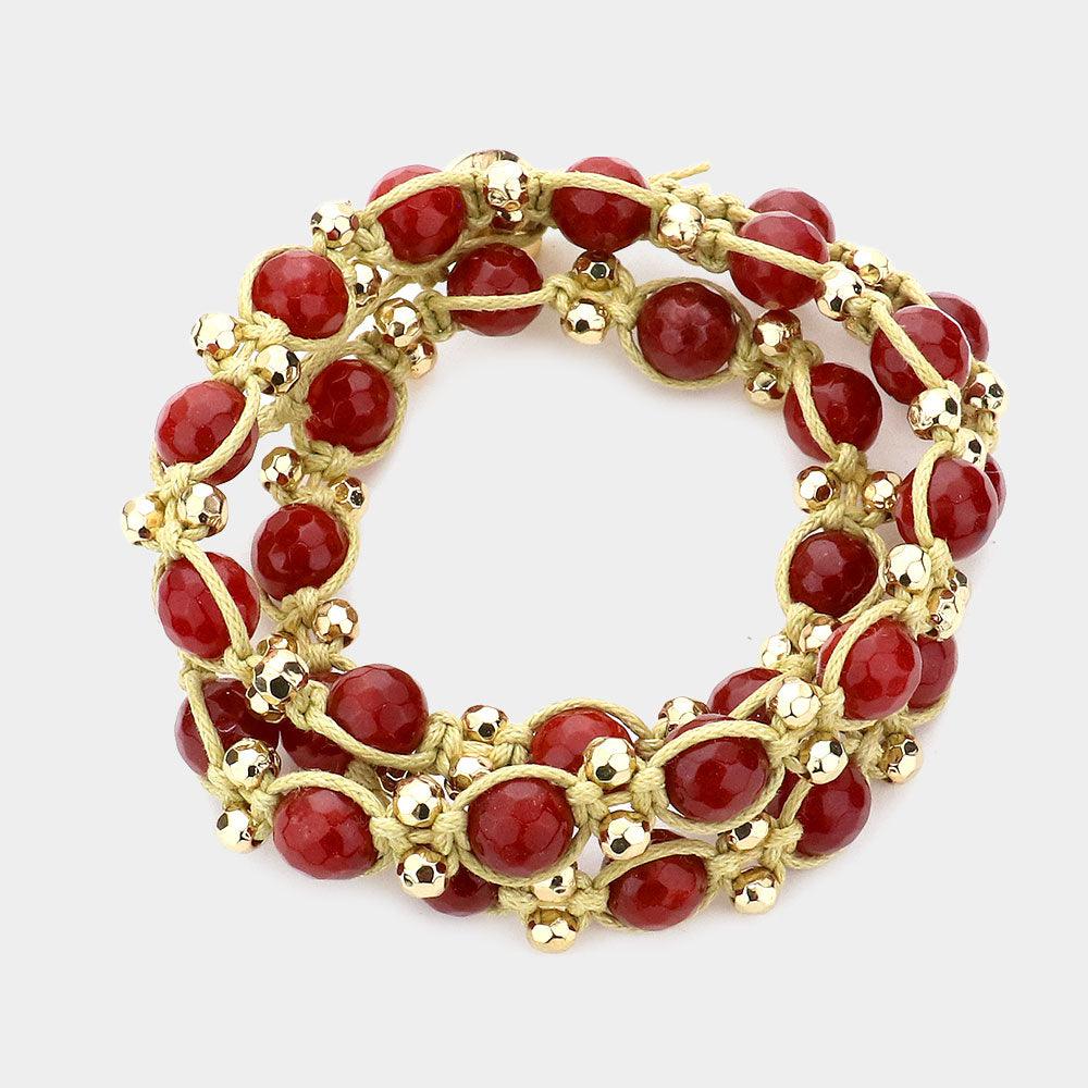 Burgundy Tied natural stone bead strand wrap bracelet