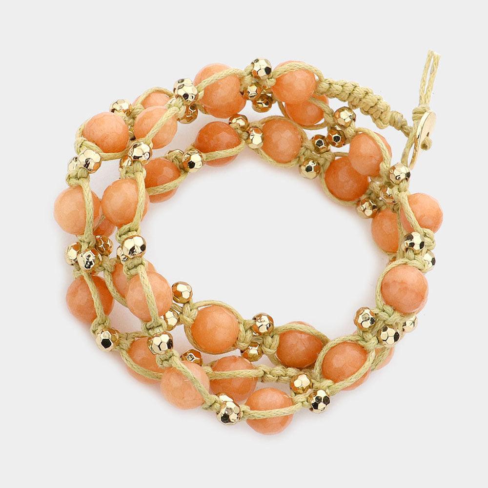 Peach Tied natural stone bead strand wrap bracelet