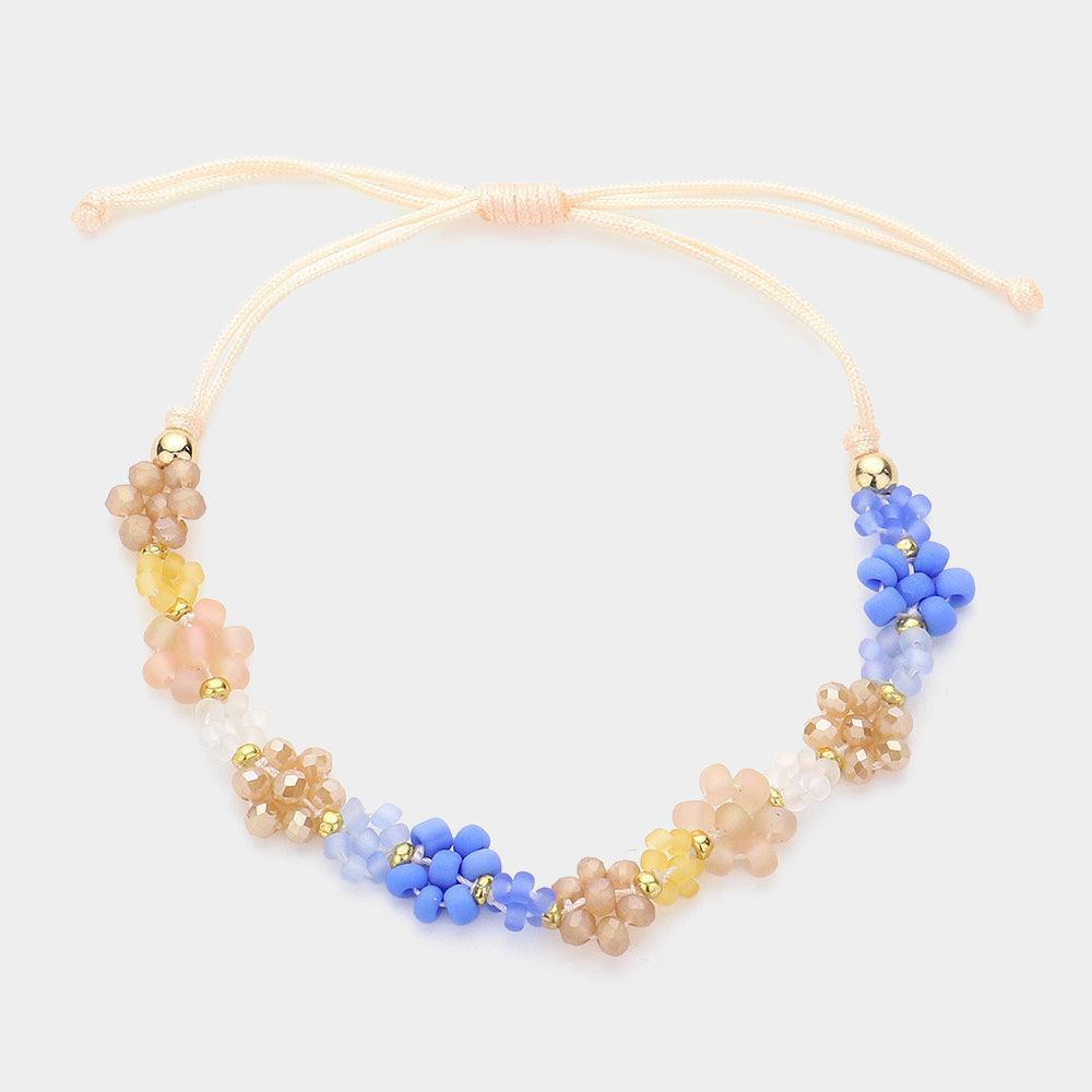 Blue Flower Faceted Beaded Cinch Pull Tie Bracelet