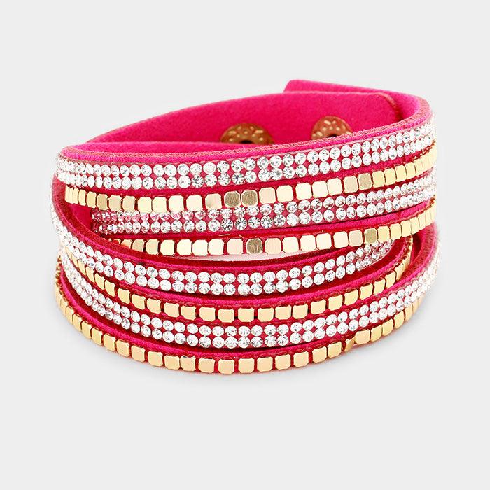 Fuchsia Crystal & metal studded faux suede bracelet