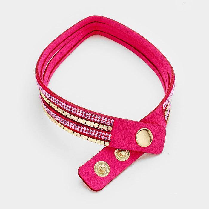 Pink Crystal & metal studded faux suede bracelet - Jewelry Store by Erik Rayo