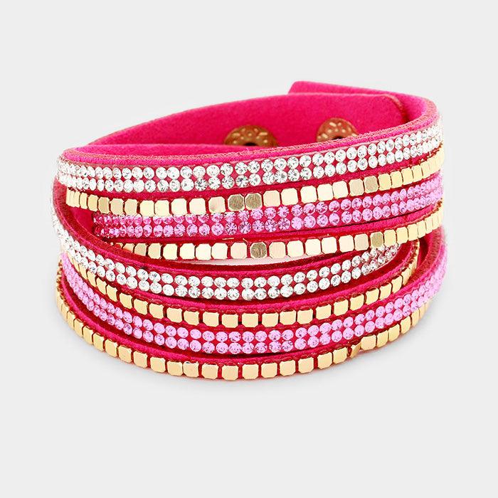 Pink Crystal & metal studded faux suede bracelet