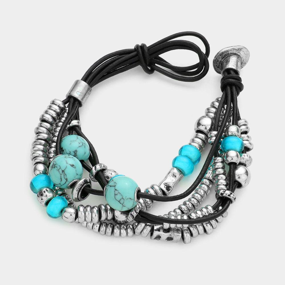 Turquoise Multi stand turquoise metal bead faux leather bracelet - Jewelry Store by Erik Rayo