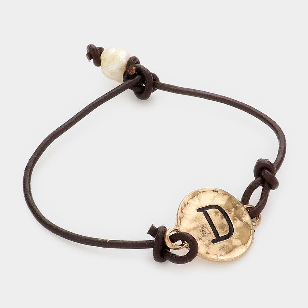 Letter D Monogram Metal Disc Pearl Pointed Bracelet