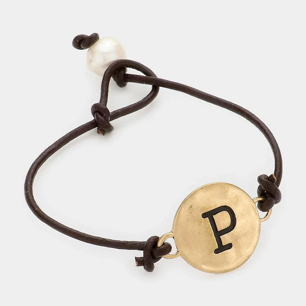Letter P Monogram Metal Disc Pearl Pointed Bracelet - Jewelry Store by Erik Rayo