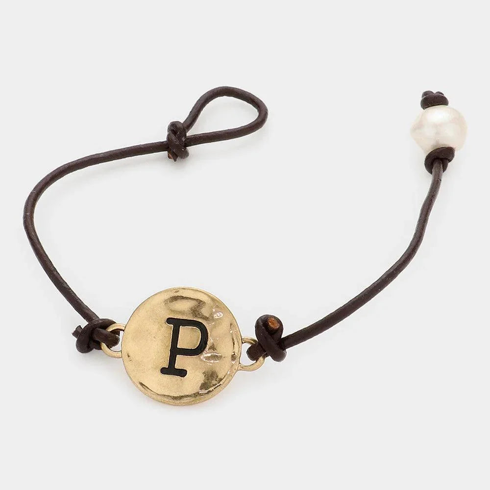 Letter P Monogram Metal Disc Pearl Pointed Bracelet - Jewelry Store by Erik Rayo