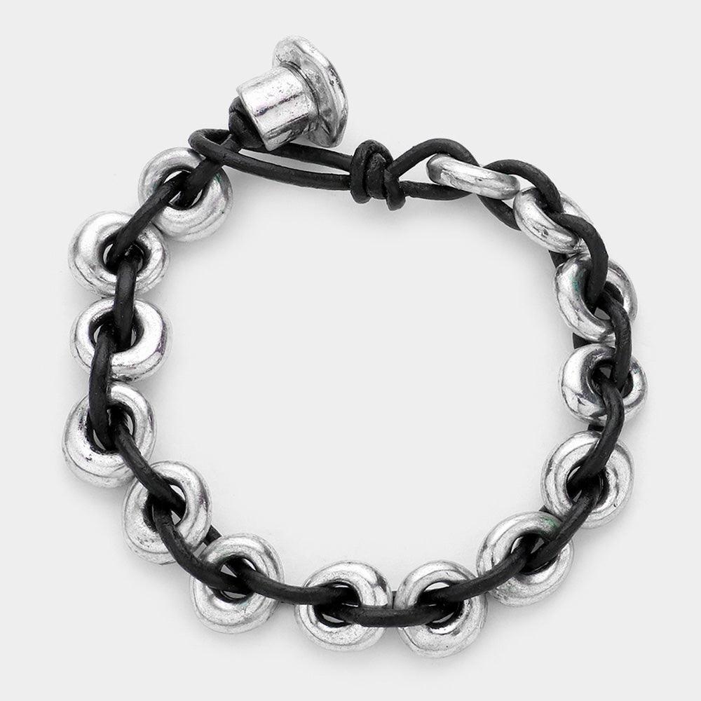 Silver Metal hoops & leather bracelet