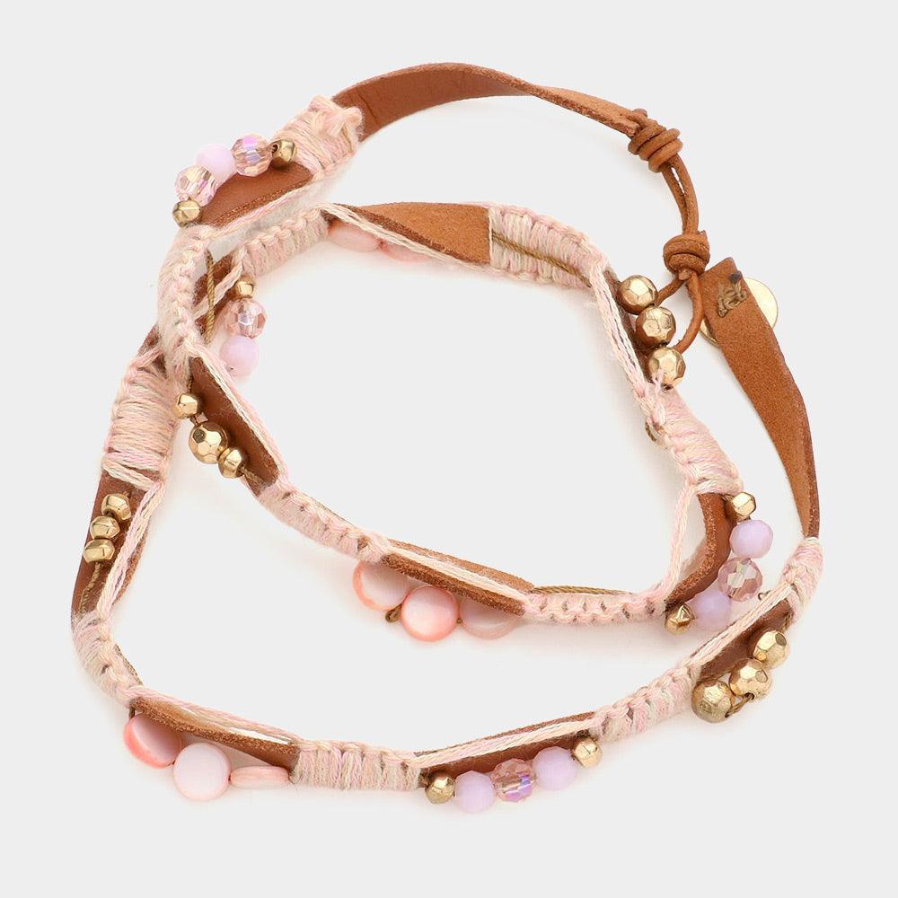 Pink Glass beads mother of pearl threaded faux leather wrap bracelet - Jewelry Store by Erik Rayo