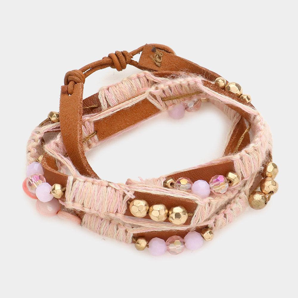 Pink Glass beads mother of pearl threaded faux leather wrap bracelet - Jewelry Store by Erik Rayo