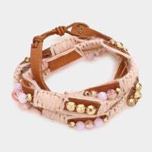 Load image into Gallery viewer, Pink Glass beads mother of pearl threaded faux leather wrap bracelet
