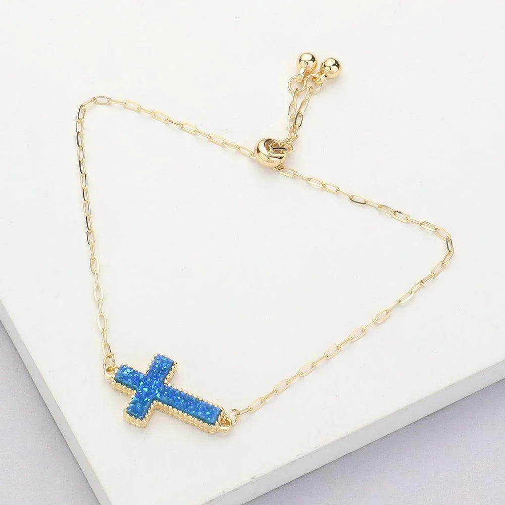 Blue Cross Druzy Adjustable Pull Tie Cinch Bracelet - Jewelry Store by Erik Rayo