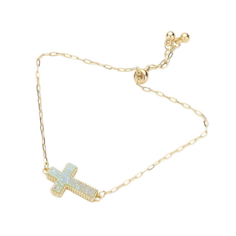 Blue Cross Druzy Adjustable Pull Tie Cinch Bracelet - Jewelry Store by Erik Rayo