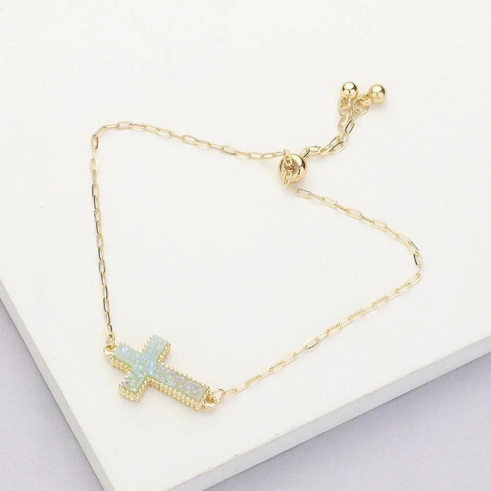 Blue Cross Druzy Adjustable Pull Tie Cinch Bracelet - Jewelry Store by Erik Rayo