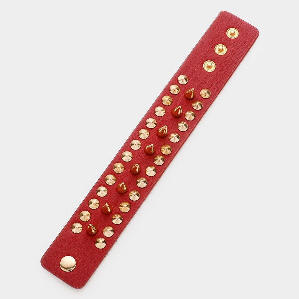 Red Spike Studded Leather Bracelet - Jewelry Store by Erik Rayo