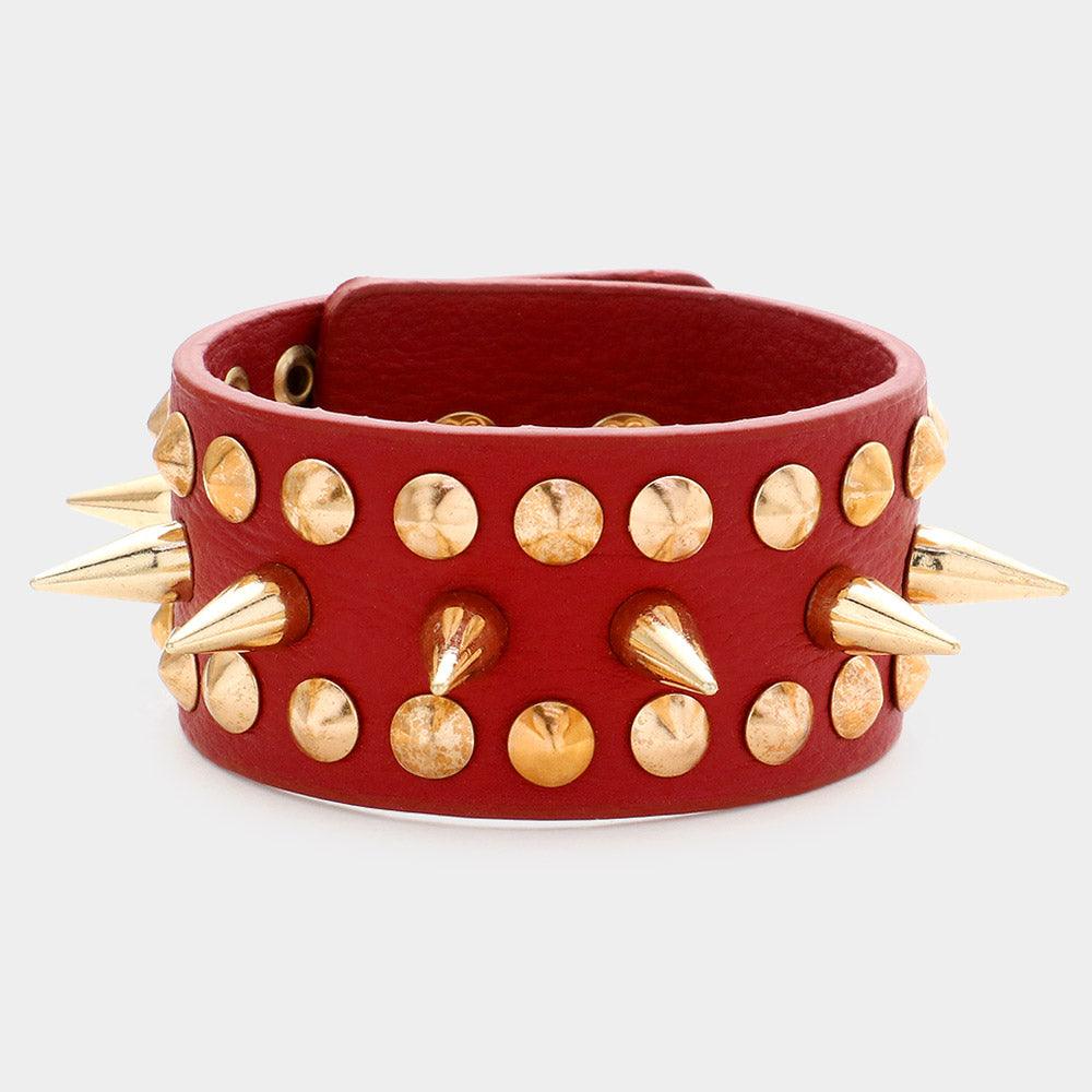 Red Spike Studded Leather Bracelet - Jewelry Store by Erik Rayo