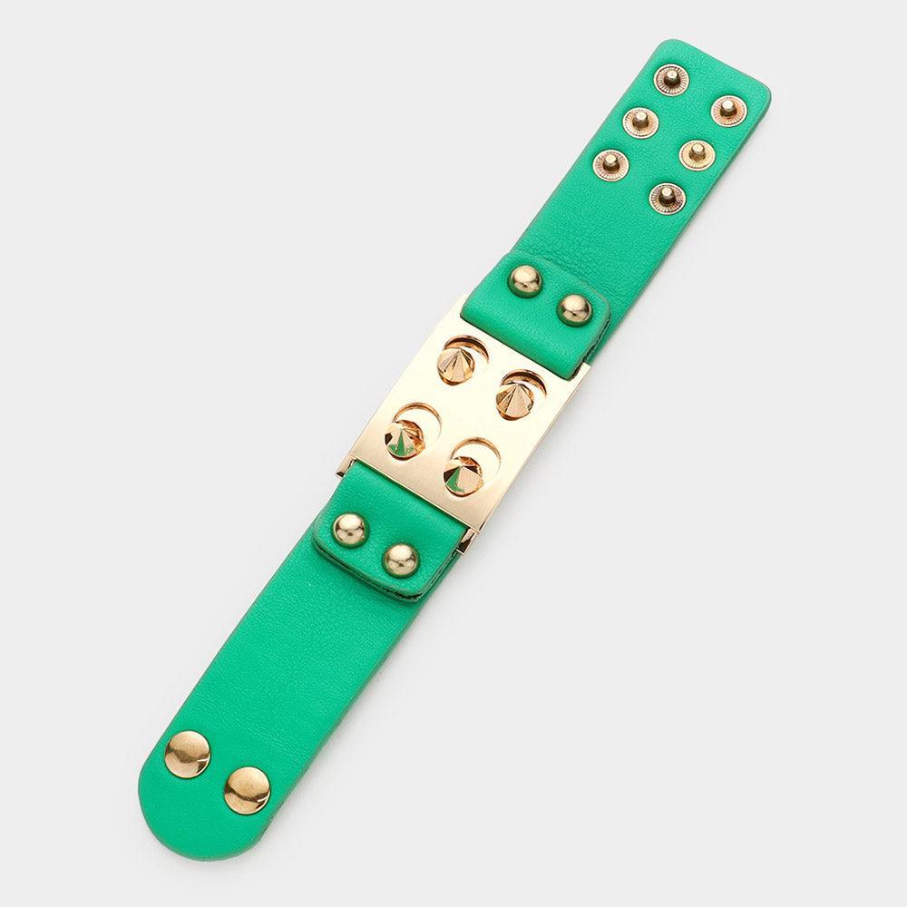 Green Spike Cone Studded Faux Leather Bracelet - Jewelry Store by Erik Rayo
