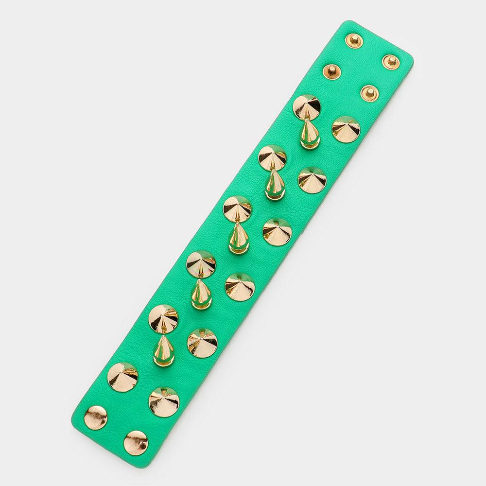 Green Spike Studded Faux Leather Bracelet - Jewelry Store by Erik Rayo