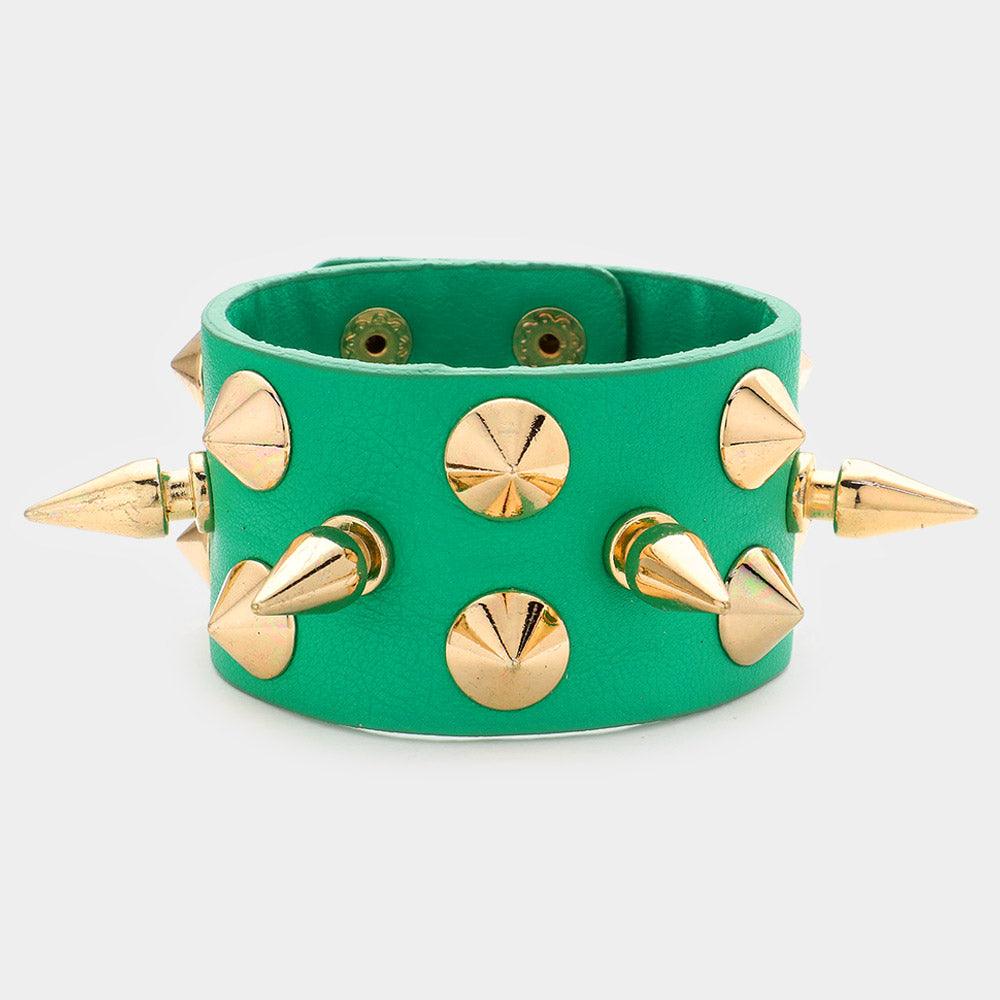 Green Spike Studded Faux Leather Bracelet - Jewelry Store by Erik Rayo