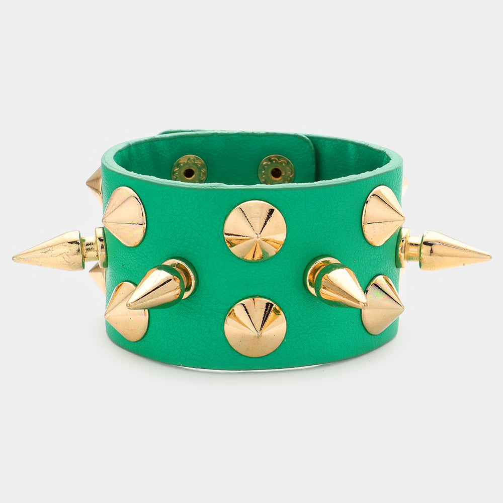 Green Spike Studded Faux Leather Bracelet