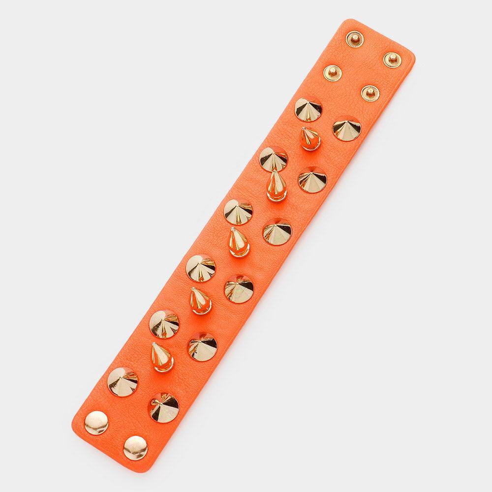 Orange Spike Studded Faux Leather Bracelet - Jewelry Store by Erik Rayo