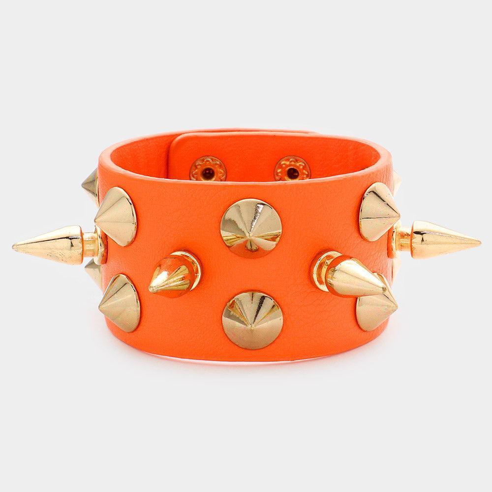 Orange Spike Studded Faux Leather Bracelet - Jewelry Store by Erik Rayo