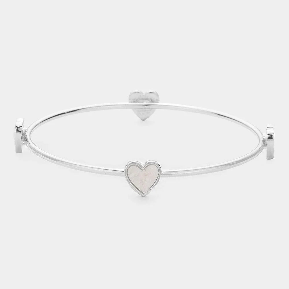 Silver Pearl Heart Station Bangle Bracelet - Jewelry Store by Erik Rayo