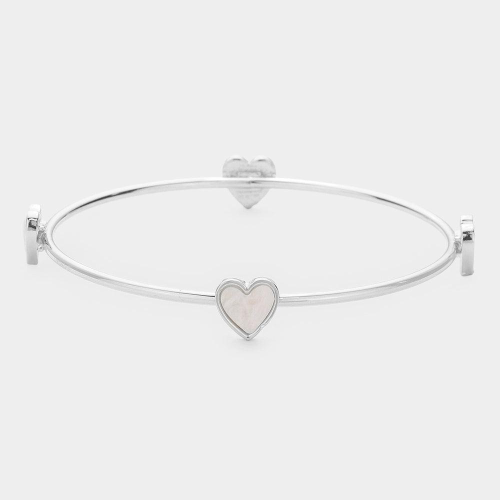 Silver Pearl Heart Station Bangle Bracelet