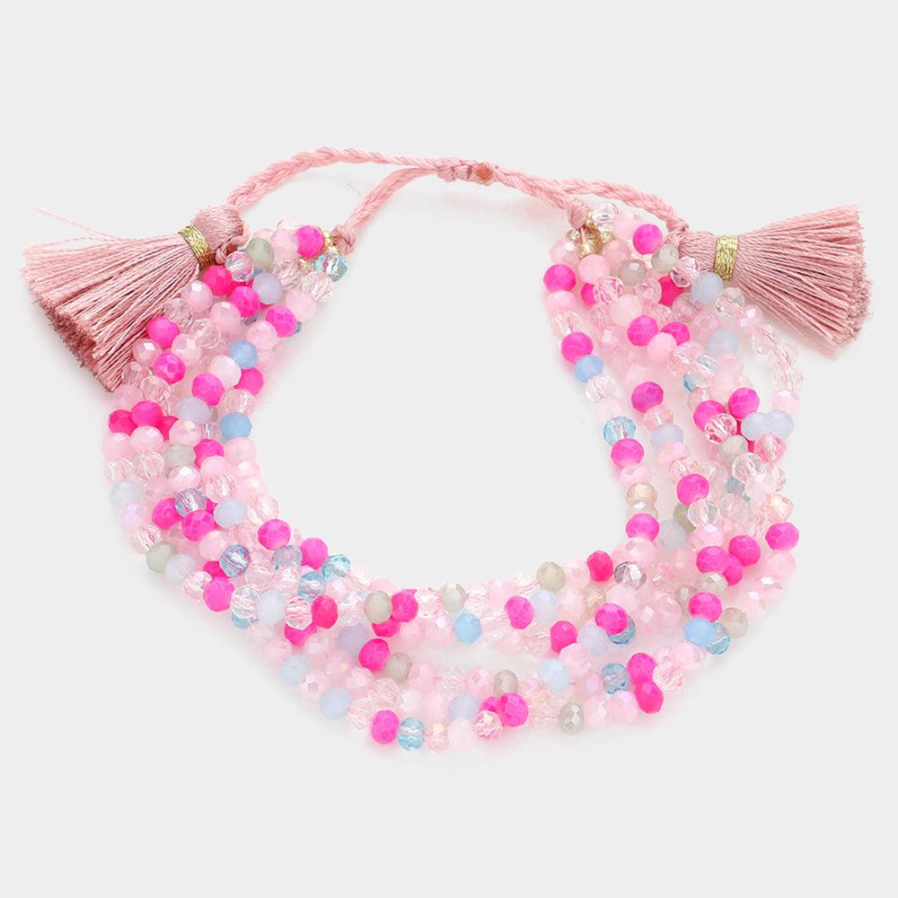 Pink Multi Layered Faceted Beaded Tassel Pull Tie Cinch Bracelet