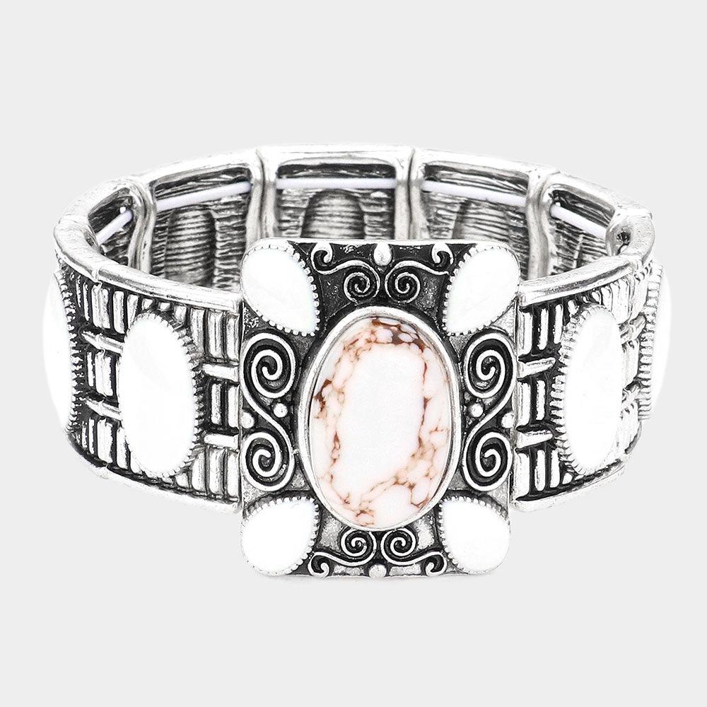 White Natural Stone Embellished Stretch Bracelet