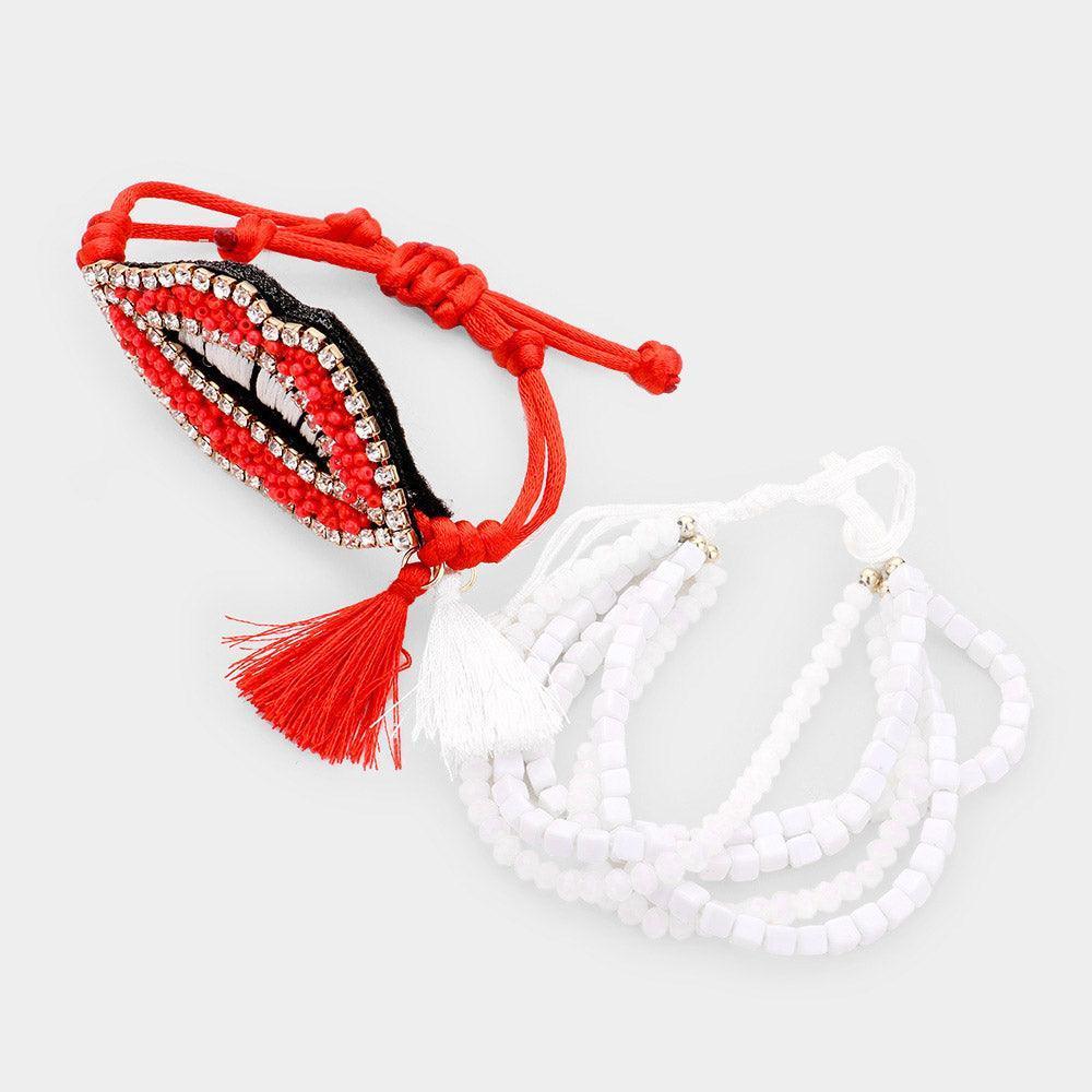 White 2PCS Pave Trim Beaded Lips Tassel Adjustable Bracelet - Jewelry Store by Erik Rayo