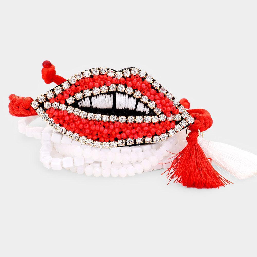 White 2PCS Pave Trim Beaded Lips Tassel Adjustable Bracelet - Jewelry Store by Erik Rayo
