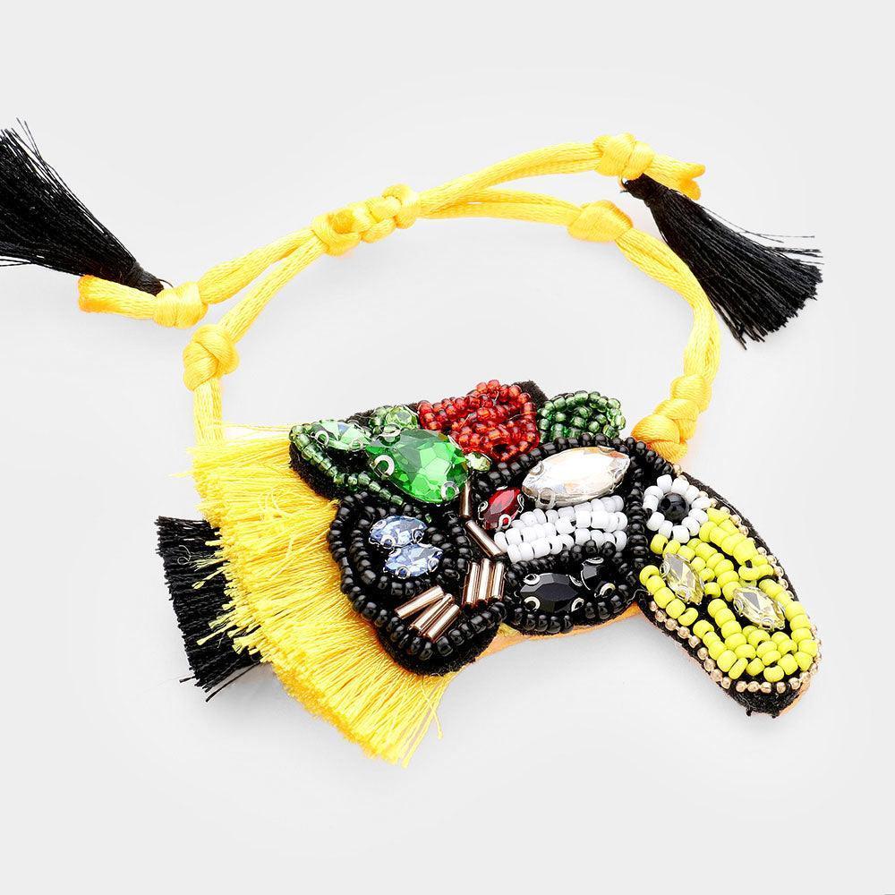Yellow Stone Seed Beaded Toucan Tassel Adjustable Bracelet - Jewelry Store by Erik Rayo