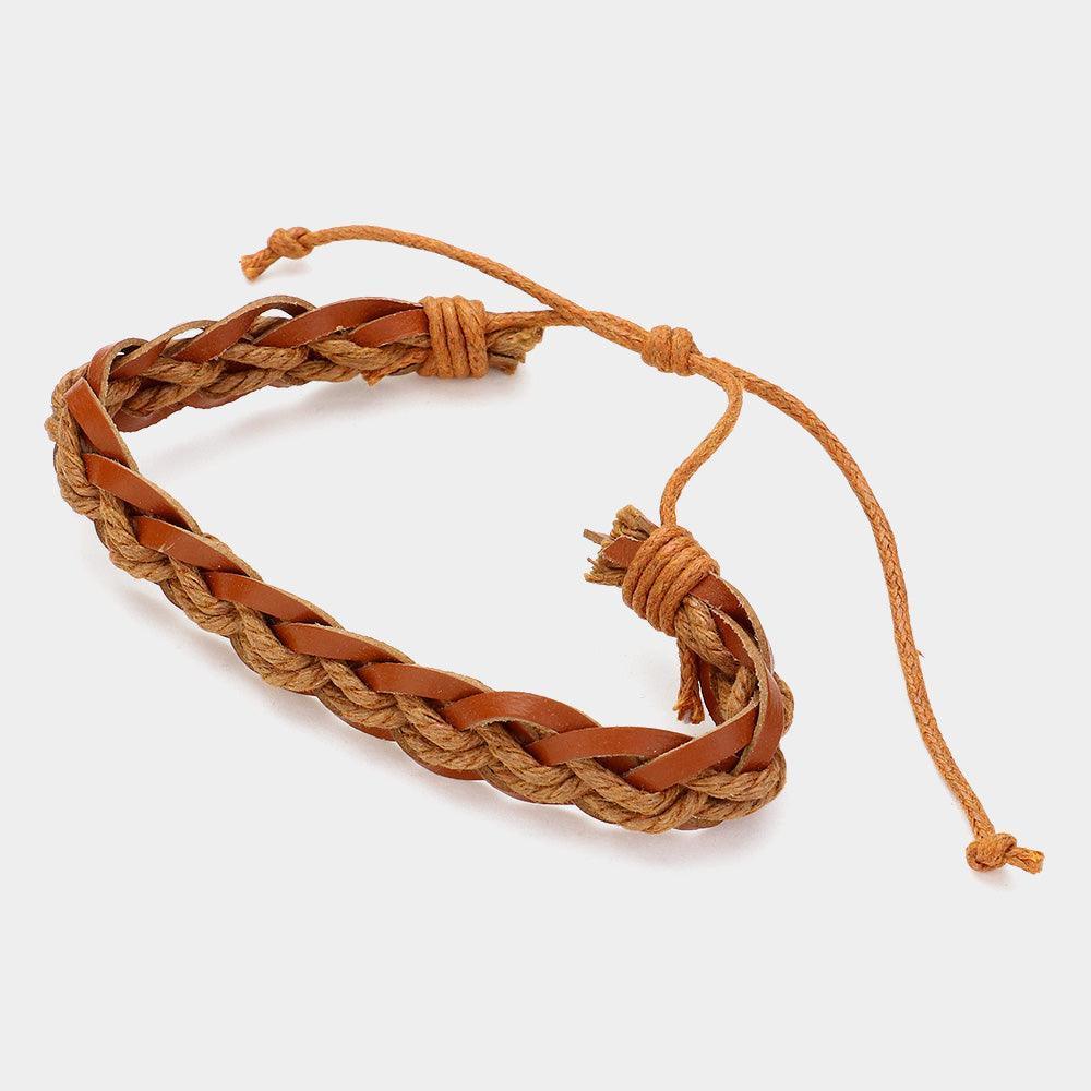 Brown Unisex Wax Rope Genuine Leather Braided Adjustable Bracelet - Jewelry Store by Erik Rayo