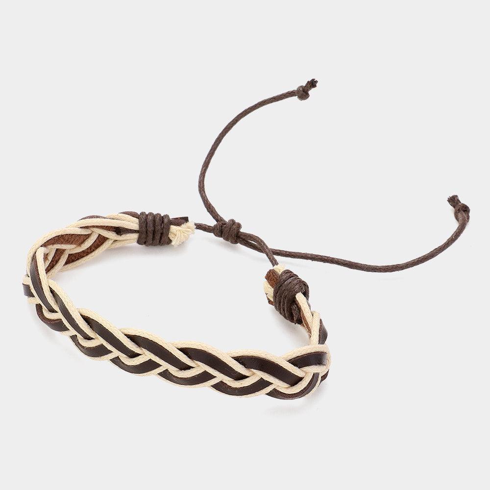 Brown Unisex Wax Rope Genuine Leather Braided Adjustable Bracelet - Jewelry Store by Erik Rayo