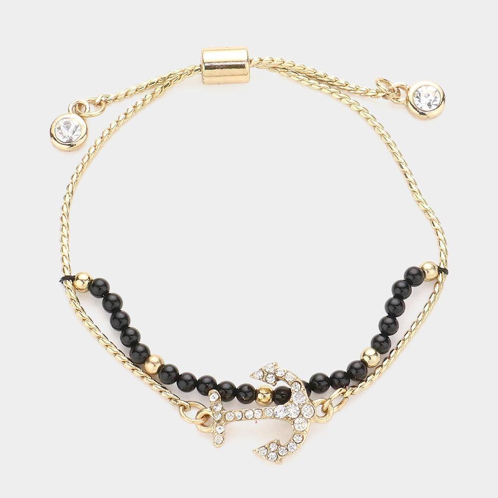 Black Crystal Anchor Charm Layered Pull Tie Cinch Bracelet - Jewelry Store by Erik Rayo